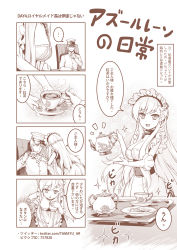Rule 34 | ..., 1boy, 1girl, 4koma, absurdres, apron, azur lane, belfast (azur lane), braid, breasts, broken, broken chain, buttons, chain, cleavage, collar, comic, commander (azur lane), commentary request, cookie, cup, dress, elbow gloves, fingernails, food, gloves, greyscale, hand on own hip, hat, highres, holding, holding teapot, jacket, large breasts, leaning forward, long hair, long sleeves, maid, maid headdress, metal collar, military hat, military jacket, monochrome, peaked cap, saucer, sparkle, spoken ellipsis, tama yu, teacup, teapot, translation request, tray, very long hair, watermark, web address