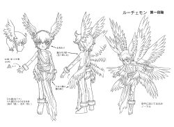 Rule 34 | 00s, 1boy, angel wings, barefoot, bracelet, chest tattoo, child, digimon, digimon (creature), digimon frontier, feet, full body, hair between eyes, head wings, highres, jewelry, looking at viewer, lucemon, monochrome, multiple views, multiple wings, no humans, official art, scan, seraph, simple background, solo, tattoo, thighs, toes, translation request, wings