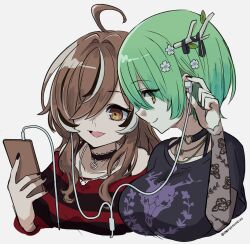 Rule 34 | 2girls, absurdres, ahoge, antlers, black hair, black nails, brown eyes, brown hair, cellphone, ceres fauna, ceres fauna (goth), choker, earphones, emo fashion, flower, goth fashion, green hair, hair flower, hair ornament, hair over one eye, highres, holding, holding phone, hololive, hololive english, horns, jewelry, long hair, mat (matdesenheiro), multicolored hair, multiple girls, nail polish, nanashi mumei, nanashi mumei (emo), necklace, official alternate costume, official alternate hairstyle, open mouth, phone, print shirt, shared earphones, shirt, short hair, simple background, smartphone, smile, streaked hair, striped clothes, upper body, virtual youtuber, white background, white hair, yellow eyes