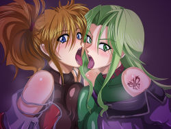 Rule 34 | 2girls, asymmetrical docking, banpresto, bare shoulders, blonde hair, blue eyes, blush, breast press, breasts, collar, covered erect nipples, excellen browning, female focus, green eyes, green hair, imminent fellatio, imminent kiss, kiss, lamia loveless, large breasts, lipstick, looking at viewer, makeup, multiple girls, non-web source, open mouth, oral invitation, ponytail, raburebo, super robot wars, super robot wars original generation, symmetrical docking, tattoo, tongue, tongue out, turtleneck, upper body, yuri
