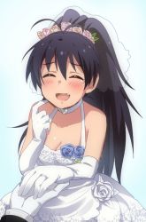 Rule 34 | 1boy, 1girl, :d, ^ ^, antenna hair, bad id, bad pixiv id, black hair, blush, breasts, bridal veil, cleavage, closed eyes, dress, elbow gloves, fang, flower, ganaha hibiki, gloves, gradient background, happy tears, heart, hetero, hiiringu, holding hands, idolmaster, idolmaster (classic), jewelry, long hair, open mouth, ponytail, pov, pov hands, ring, rose, scratching cheek, small breasts, smile, solo focus, tears, veil, wedding, wedding band, wedding dress, wedding ring