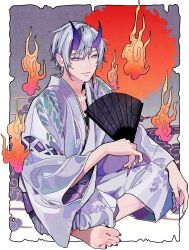 Rule 34 | 1boy, barefoot, blue hair, blue horns, closed mouth, crossed legs, demon boy, earrings, fingernails, hand fan, hand on own knee, highres, holding, holding fan, horns, japanese clothes, jewelry, keiko (um7mr1), kimono, light blue hair, looking to the side, male focus, multicolored hair, original, outside border, sharp fingernails, sharp toenails, short hair, single earring, solo, streaked hair, toenails, very long fingernails, will-o&#039;-the-wisp (mythology), xiangyun