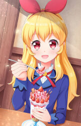 Rule 34 | 1girl, 7fuji 06, aikatsu!, aikatsu! (series), blonde hair, blush, bow, brooch, eating, food, fruit, hair bow, highres, holding, holding spoon, hoshimiya ichigo, ice cream, indoors, jewelry, long hair, long sleeves, looking at viewer, neck ribbon, open mouth, parfait, pink eyes, pocky, ribbon, school uniform, smile, solo, spoon, strawberry, table, upper body, wafer