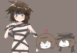 Rule 34 | 3others, @ @, ^ ^, androgynous, arde (len&#039;en), atoymk, black headband, black ribbon, blush, brown background, brown eyes, brown hair, cine hamal, closed eyes, closed mouth, colored skin, commentary, dual persona, headband, joints, korean commentary, kurohebi, kuzu suzumi, len&#039;en, multiple others, naked ribbon, navel, other focus, red eyes, ribbon, robot joints, short hair, simple background, tongue, tongue out, translation request, v, white skin