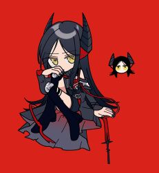 Rule 34 | 1girl, arknights, arm support, black coat, black dress, black footwear, black hair, black nails, boots, chibi, coat, commentary, cross-shaped pupils, dress, full body, highres, horns, ines (arknights), knees up, long hair, looking at viewer, red background, sanada ima, sidelocks, simple background, solo, symbol-shaped pupils, thigh boots, yellow eyes