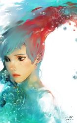 Rule 34 | 1girl, abstract, blue hair, blush, closed mouth, crying, frown, lips, liquid hair, multicolored hair, original, red hair, sad, simple background, solo, tears, two-tone hair, upper body, water, white background