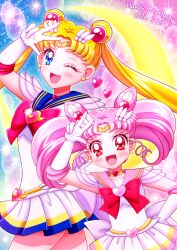 2girls :d ;d birthday bishoujo_senshi_sailor_moon blonde_hair blue_eyes blue_sailor_collar chibi_usa child crescent crescent_earrings crescent_moon dated double_bun earrings elbow_gloves gloves hair_bun hair_ornament happy_birthday heart highres jewelry looking_at_viewer moon mother_and_daughter multiple_girls niwatori_(syamo_chamo) one_eye_closed open_mouth pink_eyes pink_hair pink_sailor_collar sailor_chibi_moon sailor_collar sailor_moon sailor_senshi_uniform smile star_(symbol) super_sailor_chibi_moon super_sailor_moon tiara tsukino_usagi v