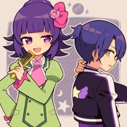 Rule 34 | 1boy, 1girl, 5.5, :d, avocado academy school uniform, black jacket, blue hair, blunt bangs, comb, commentary request, flower, green jacket, hair flower, hair ornament, hanazono shuka, hand on own hip, hand up, holding, holding comb, idol time pripara, jacket, juliet sleeves, long hair, long sleeves, open mouth, pink flower, ponytail, pretty series, pripara, puffy sleeves, purple eyes, purple hair, school uniform, short hair, smile, standing, takase koyoi, upper body, yellow eyes