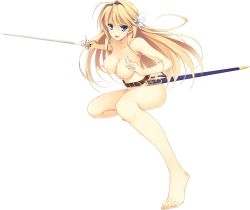 Rule 34 | 1girl, absurdres, blonde hair, breasts, elcia harvence, highres, koikishi purely kiss, large breasts, long sword, nude, simple background, smile, solo, sword, weapon, white background, yuuki hagure
