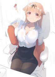 Rule 34 | 1girl, absurdres, alternate costume, black pantyhose, black skirt, blonde hair, blush, breasts, chair, cleavage, commentary, dyson (edaokunnsaikouya), fanning face, fanning self, hair flaps, hair ornament, hair ribbon, hairclip, highres, indoors, kantai collection, large breasts, long hair, long sleeves, looking at viewer, office chair, office lady, pantyhose, pencil skirt, red eyes, ribbon, shirt, sitting, sketch, skirt, solo, sweat, swivel chair, white shirt, yuudachi (kancolle), yuudachi kai ni (kancolle)
