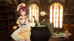 Rule 34 | 1girl, atelier (series), atelier sophie, book, bookshelf, bottle, box, breasts, brown eyes, brown hair, cauldron, chest of drawers, copyright name, cowboy shot, cup, curtains, dress, female focus, flask, flower, game cg, gloves, hair flower, hair ornament, hat, highres, holding, holding book, indoors, jewelry, logo, long sleeves, looking at viewer, midriff, miniskirt, navel, necklace, noco (adamas), official art, open book, pearl necklace, plant, potted plant, purple flower, purple rose, rose, scroll, short hair, single glove, skirt, small breasts, smile, solo, sophie neuenmuller, sparkle, steam, stone wall, strapless, strapless dress, wall, watermark, white dress, window, wrist cuffs, yellow skirt