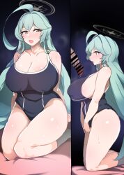 Rule 34 | 1boy, 1girl, abydos high school swimsuit, ahoge, aqua hair, bar censor, bare shoulders, black one-piece swimsuit, blue archive, blush, breasts, censored, covered erect nipples, curvy, erection, hair between eyes, halo, hetero, highres, huge ahoge, huge breasts, imminent fellatio, kneeling, large penis, long hair, looking at penis, looking at viewer, one-piece swimsuit, open mouth, paid reward available, penis, penis awe, simple background, solo focus, swimsuit, thick thighs, thighs, very long hair, wide hips, yellow eyes, yellow halo, yellowseeds, yume (blue archive)