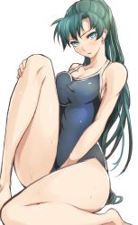 Rule 34 | 1girl, barefoot, blue eyes, blush, breast press, competition school swimsuit, earrings, fire emblem, fire emblem: the blazing blade, green eyes, green hair, high ponytail, jewelry, long hair, lyn (fire emblem), matching hair/eyes, nintendo, one-piece swimsuit, ponytail, sajittari, school swimsuit, sitting, solo, swimsuit