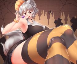 Rule 34 | 1girl, alternate costume, animal ears, armpits, black dress, black skirt, blush, bracelet, bug, candy, choker, cross, crossed legs, dress, food, food-themed hair ornament, hair between eyes, hair ornament, halloween, head tilt, highres, inubashiri momiji, jewelry, lollipop, looking at viewer, microskirt, pumpkin hair ornament, red eyes, short dress, short eyebrows, short hair, silver hair, skirt, sleeveless, sleeveless dress, solo, spider, striped clothes, striped thighhighs, tail, thick thighs, thighhighs, thighs, tochinoko, tombstone, tongue, tongue out, touhou, wolf ears, wolf tail
