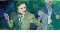 Rule 34 | 2boys, brown eyes, brown hair, brown jacket, character name, collared shirt, facial hair, from above, green neckwear, hand on own hip, holding, jacket, long sleeves, magic kaito, male focus, monicanc, multiple boys, mustache, nakamori ginzo, necktie, shirt, solo focus, upper body, white shirt, wing collar