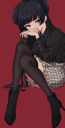 Rule 34 | 1girl, absurdres, black footwear, black hair, black shirt, black thighhighs, covered mouth, fingernails, highres, idolmaster, idolmaster shiny colors, invisible chair, knees together feet apart, long sleeves, looking at viewer, mayuzumi fuyuko, nail polish, o0u0m, plaid, plaid skirt, red background, shirt, shirt tucked in, simple background, sitting, skirt, solo, thighhighs