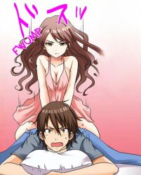 Rule 34 | 1boy, 1girl, angry, bed, blush, brown hair, closed mouth, dress, grey shirt, highres, long hair, looking at another, looking at viewer, looking down, lying, my first time is with... my little sister?!, open mouth, pink dress, sasaki kaori (my first time is with... my little sister?!), sasaki kouta, shirt, sitting, surprised, very long hair, yellow eyes