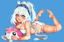 1girl absurdres anuttsuii ass bare_shoulders barefoot bikini blue_hair blush body_markings braid breasts butt_crack cleavage genshin_impact hairband highres light_blue_hair long_hair looking_at_viewer low_twin_braids lying medium_breasts mualani_(genshin_impact) on_stomach ponytail red_eyes sidelocks smile solo swimsuit twin_braids white_bikini white_hair