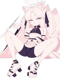 Rule 34 | 1girl, animal ears, blue archive, cigarette, fox ears, fox tail, halo, highres, kuzunoha (blue archive), mabera, short shorts, shorts, sitting, solo, tail, white background