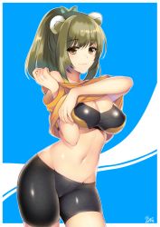Rule 34 | 1girl, :o, arms up, bike shorts, black bra, black shorts, blush, bow, bra, breasts, bun cover, cleavage, closed mouth, clothes lift, cowboy shot, double bun, eyebrows, green bow, green eyes, green hair, groin, hair bow, hair bun, hanpen (hannpenn2), head tilt, large breasts, lifted by self, lips, looking at viewer, matching hair/eyes, midriff, navel, open mouth, original, ponytail, shiny clothes, shirt, shirt lift, short hair, short sleeves, shorts, simple background, skin tight, smile, solo, sports bra, stomach, two-tone background, underwear, undressing, walking, yellow shirt