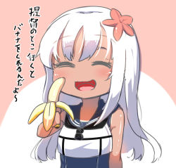 Rule 34 | 10s, 1girl, banana, bare shoulders, blonde hair, chibi, flower, food, fruit, hair flower, hair ornament, hibiscus, highres, kantai collection, long hair, one-piece swimsuit, open mouth, ro-500 (kancolle), smile, solo, swimsuit, tan, tenken (gotannda), translation request, upper body
