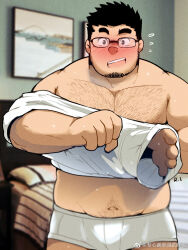 Rule 34 | 1boy, bara, beard stubble, bedroom, belly, black hair, blush, briefs, bulge, chest hair, cowboy shot, facial hair, flying sweatdrops, glasses, goatee stubble, highres, large pectorals, looking at viewer, male focus, male underwear, muscular, muscular male, original, pectorals, photo background, r.l (2089184064), raised eyebrows, shirt, short hair, shy, sideburns stubble, solo, square face, stomach, stubble, sweat, thick eyebrows, underwear, undressing, white male underwear, white shirt