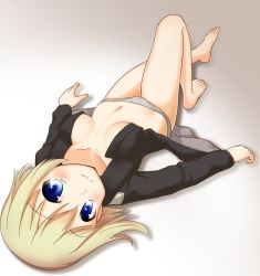 Rule 34 | 1girl, absurdres, artist request, belly, blonde hair, blue eyes, blush, bob cut, breasts, collarbone, erica hartmann, feet, full body, highres, long sleeves, looking at viewer, lying, military, military uniform, navel, no bra, no pants, open clothes, open shirt, panties, short hair, small breasts, smile, strike witches, underwear, uniform, upside-down, white panties, world witches series