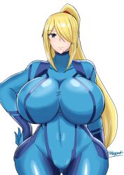 Rule 34 | 1girl, 46ayamahi, arms behind back, artist name, blonde hair, blue bodysuit, blush, bodysuit, breasts, breasts apart, cameltoe, cleavage, collarbone, covered navel, fat mons, female focus, gluteal fold, hair over one eye, hand on own hip, highres, huge breasts, metroid, mole, mole under mouth, nintendo, ponytail, samus aran, shiny clothes, smile, solo, standing, thigh gap, white background, wide hips, zero suit