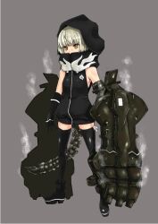 1girl black_hoodie black_rock_shooter black_thighhighs cali demon_tail flame_print grey_background hood hoodie mechanical_arms short_hair solo strength_(black_rock_shooter) tail tattoo thighhighs white_hair yellow_eyes