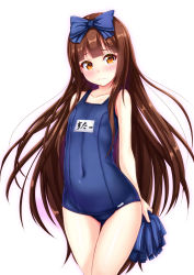 Rule 34 | 1girl, alternate costume, blush, brown eyes, brown hair, covered navel, ebi 193, flat chest, gluteal fold, long hair, looking at viewer, one-piece swimsuit, pom pom (cheerleading), school swimsuit, simple background, solo, star sapphire, swimsuit, touhou, very long hair, white background