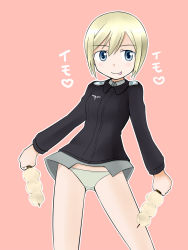 Rule 34 | 1girl, :p, blonde hair, blue eyes, erica hartmann, food, no pants, panties, short hair, solo, strike witches, tanaka rikimaru, tongue, tongue out, underwear, world witches series