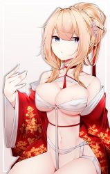 Rule 34 | 1girl, absurdres, areola slip, azur lane, blonde hair, blue eyes, breasts, chinese new year, choker, cleavage, covered erect nipples, dress, glorious (azur lane), glorious (pungent plum) (azur lane), gradient background, hair ornament, hair stick, highres, japanese clothes, kanzashi, kimono, large breasts, long hair, looking to the side, navel, neckwear request, official alternate costume, open clothes, open dress, red choker, red dress, red kimono, revealing clothes, samip, simple background, sitting, solo, wide sleeves