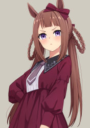 Rule 34 | &gt;:(, animal ears, blush, bow, braid, braided hair rings, breasts, brown hair, closed mouth, commentary request, dress, grey background, grey neckwear, hair bow, hair rings, hand on own hip, highres, horse ears, long hair, long sleeves, looking at viewer, puffy long sleeves, puffy sleeves, purple eyes, red bow, red dress, simple background, small breasts, solo, sweep tosho (umamusume), twin braids, twintails, umamusume, v-shaped eyebrows, very long hair, yahiro (epicopeiidae)