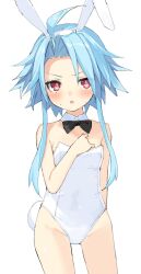Rule 34 | 1girl, animal ears, bare shoulders, blue hair, bow, bowtie, breasts, bubun oo, fake animal ears, highres, leotard, neptune (series), playboy bunny, power symbol, power symbol-shaped pupils, rabbit ears, rabbit tail, red eyes, short hair with long locks, sidelocks, simple background, small breasts, solo, symbol-shaped pupils, tail, v-shaped eyebrows, white background, white heart (neptunia)