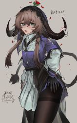 Rule 34 | 2girls, animal ears, arknights, black gloves, black legwear, blush, brown hair, chibi, chibi inset, clothes lift, cow ears, cow girl, cow horns, cow tail, cowboy shot, ear piercing, fang, flower, gloves, green eyes, grey background, hand on own hip, heavyrain (arknights), highres, horns, horse ears, kaguura (kagu), lifting own clothes, long sleeves, looking at viewer, miniskirt, motion lines, multiple girls, open mouth, pallas (arknights), pantyhose, petals, piercing, pleated skirt, purple shirt, red flower, red rose, rose, rose petals, shirt, short hair with long locks, sidelocks, simple background, skin fang, skirt, skirt lift, tail, thighband pantyhose, translated, veil, white skirt