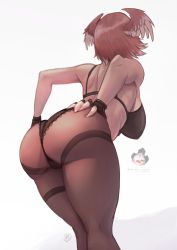 Rule 34 | 1girl, absurdres, ass, ass grab, bra, breasts, facing away, from behind, gloves, grabbing own ass, head wings, highres, hololive, holox, large breasts, leaning forward, lingerie, myth1carts, panties, pantyhose, pink hair, short hair, shoulder blades, simple background, takane lui, thigh strap, thighs, underwear, virtual youtuber, wings