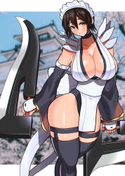 Rule 34 | 1girl, akisu k, apron, black hair, black thighhighs, breasts, brown eyes, butterfly swords, cleavage, flipped hair, iroha (samurai spirits), lace-trimmed apron, lace trim, large breasts, leotard, leotard under clothes, looking at viewer, maid, maid headdress, maid leotard, revealing clothes, samurai spirits, shiny skin, short hair, smile, snk, solo, thighhighs, unconventional maid, white apron, wide hips