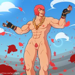 Rule 34 | 1girl, abs, absurdres, breasts, chain, chain necklace, commentary, completely nude, english commentary, female pubic hair, fingerless gloves, gloves, green eyes, highres, jewelry, leaf, marisa (street fighter), muscular, muscular female, necklace, nude, pubic hair, purringjello, pussy, red hair, red lips, red nails, red pubic hair, short hair, small breasts, smile, solo, street fighter, street fighter 6