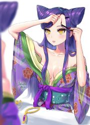 Rule 34 | 1girl, arm up, artist name, breasts, collarbone, cone hair bun, copyright request, fingernails, hair bun, hand up, highres, japanese clothes, kohanayuki, long fingernails, long hair, medium breasts, mirror, nail polish, parted lips, purple hair, red nails, reflection, sidelocks, solo, yellow eyes