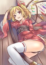 Rule 34 | 1girl, :d, ahoge, alternate costume, arm behind back, ass, between legs, black panties, blonde hair, bow, breasts, colorized, crystal, fang, flandre scarlet, from above, hair ornament, hair ribbon, hair stick, hand on hilt, highres, indoors, japanese clothes, katana, kimono, long sleeves, looking at viewer, lying, md5 mismatch, no headwear, obi, on back, on floor, open mouth, panties, pantyshot, ponytail, red eyes, resized, ribbon, ribbon-trimmed legwear, ribbon trim, sash, sheath, sheathed, short hair, short kimono, side ponytail, sketch, small breasts, smile, solo, spirytus tarou, sword, thighhighs, touhou, underwear, weapon, white thighhighs, wide sleeves, wings, wooden floor