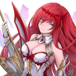 Rule 34 | 1girl, armor, bare shoulders, bow, breasts, cleavage, closed mouth, detached collar, elbow gloves, gauntlets, gloves, godsworn alexiel, granblue fantasy, highres, holding, holding weapon, large breasts, long hair, looking at viewer, purple eyes, red bow, red hair, simple background, solo, upper body, weapon, white background, white gloves, yuki7128