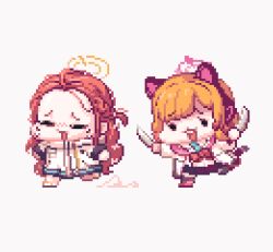 Rule 34 | 2girls, animal ear headphones, animal ears, black skirt, blonde hair, blue archive, blue necktie, cat tail, chibi, fake animal ears, halo, headphones, holding, holding knife, jacket, knife, long hair, long sleeves, momoi (blue archive), multiple girls, necktie, open mouth, pink halo, pixel art, red hair, sechi (sechihyeo), shirt, short hair, simple background, skirt, tail, white background, white jacket, white shirt, yellow halo, yuzu (blue archive)