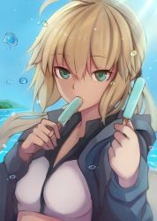 Rule 34 | 1girl, ahoge, artoria pendragon (all), artoria pendragon (fate), artoria pendragon (swimsuit archer) (fate), artoria pendragon (swimsuit archer) (second ascension) (fate), blonde hair, blue sky, breasts, crop top, day, eating, fate/grand order, fate (series), floating hair, food, green eyes, hair between eyes, highres, holding, holding food, ice cream, jacket, long hair, looking at viewer, medium breasts, ocean, open clothes, open jacket, outdoors, ponytail, saber (fate), sky, solo, yuzu (masami)