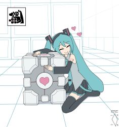 Rule 34 | 1girl, aperture science weighted companion cube, aqua hair, aqua necktie, artist logo, artist name, black footwear, black skirt, black sleeves, boots, closed eyes, collared shirt, commentary, dated, detached sleeves, digiral, english commentary, grey shirt, hair ornament, hatsune miku, headphones, heart, highres, long hair, long sleeves, miniskirt, necktie, number tattoo, on ground, pleated skirt, portal (series), shirt, sitting, skirt, sleeveless, sleeveless shirt, smile, tattoo, thigh boots, twintails, very long hair, vocaloid