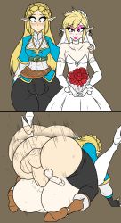 Rule 34 | 1boy, 1futa, anal, androgynous, ass, blonde hair, boots, bouquet, brown background, bulge, clothes pull, donkaqq, dress, earrings, eyeshadow, fingerless gloves, flower, folded, full-package futanari, futa with male, futanari, gloves, green eyes, heels, highres, huge ass, huge penis, instant loss, jewelry, kneehighs, link, lipstick, long hair, looking at viewer, makeup, male penetrated, mating press, motion lines, nervous, nintendo, pale skin, pants, pants pull, pegging, penis, penis size difference, pointy ears, princess zelda, sex, simple background, small penis, socks, testicles, the legend of zelda, the legend of zelda: breath of the wild, trap, unworn dress, wedding dress, yaoi, yellow eyes