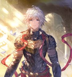 Rule 34 | 1boy, ahoge, arch, armor, bishounen, blue eyes, breastplate, elbow gloves, expressionless, falling feathers, feathers, game cg, gloves, gold trim, granblue fantasy, light, light frown, light particles, light rays, lucifer (shingeki no bahamut), male focus, messy hair, minaba hideo, official art, red ribbon, ribbon, short hair, short sleeves, solo focus, third-party source, turtleneck, white feathers, white hair