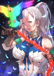 Rule 34 | 1girl, bird, blue eyes, braid, breasts, brown gloves, burning, clothing cutout, detached sleeves, earrings, feather hair ornament, feathers, gloves, glowing, grey hair, hair ornament, highres, holding, holding whip, hololive, hololive indonesia, jewelry, large breasts, mitsuru (pixiv 34028718), navel cutout, open mouth, pavolia reine, ponytail, rainbow gradient, raised eyebrow, smile, solo, upper body, virtual youtuber