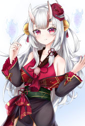 Rule 34 | 1girl, absurdres, gold trim, hair between eyes, highres, hololive, horns, japanese clothes, long hair, looking at viewer, mask, min1910, multicolored hair, nakiri ayame, nakiri ayame (1st costume), oni, oni mask, red eyes, red hair, skin-covered horns, smile, solo, virtual youtuber, white hair