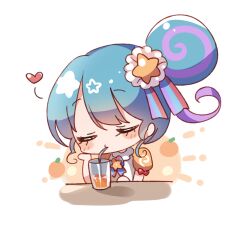 Rule 34 | 1girl, bendy straw, blue hair, blush stickers, chibi, closed eyes, closed mouth, cup, drink, drinking, drinking glass, drinking straw, food, fruit, hair bun, hair ornament, heart, highres, jumpsuit, multicolored hair, orange (fruit), orange jumpsuit, pinon (pripara), pretty series, pripara, pudding (skymint 028), puffy short sleeves, puffy sleeves, purple hair, shirt, short sleeves, simple background, single side bun, solo, star (symbol), star hair ornament, streaked hair, upper body, white background, white shirt