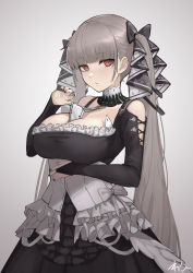 Rule 34 | 1girl, azur lane, bare shoulders, between breasts, black dress, black nails, breasts, cleavage, cowboy shot, dress, feather dress, flight deck, formidable (azur lane), frilled dress, frills, gradient background, grey background, grey hair, hair ribbon, highres, large breasts, long hair, looking at viewer, nail polish, oregano (olgn eao), platinum blonde hair, red eyes, ribbon, signature, solo, twintails, two-tone dress, two-tone ribbon, very long hair
